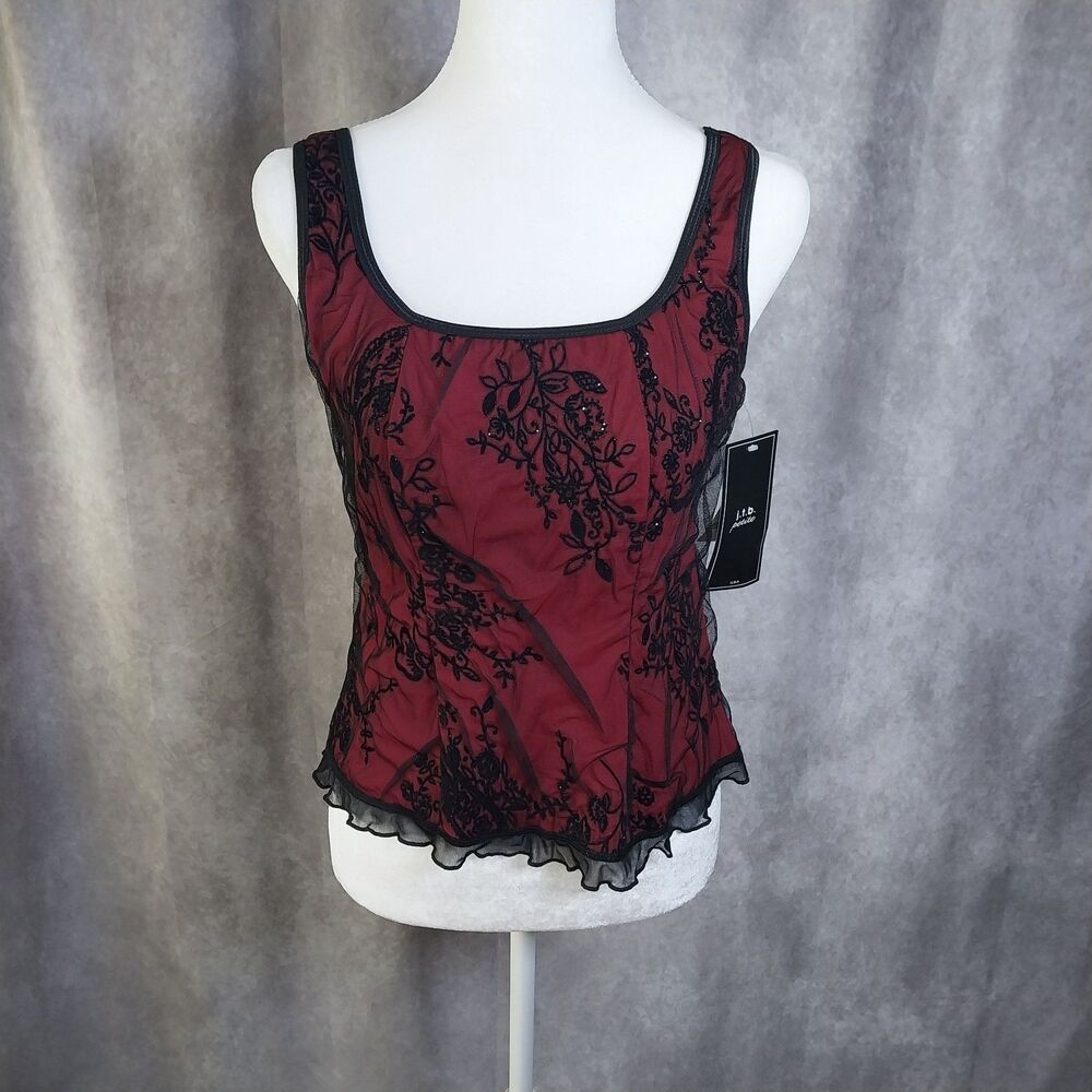 Vintage Y2K JTB Whimsigoth Red Mesh Floral Embroidered Tank Top NWT Petite Med